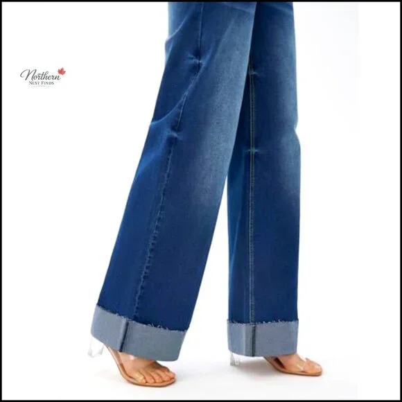 High Waisted Stretchy Wide Leg Jeans, Cuffed Baggy Denim Pants, 29.92 Inseam - Picture 4 of 7